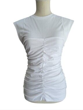 GANNI Fitted Tee Bright Slim Top White Ruched Cotton Cap Sleeve Shirt Size M